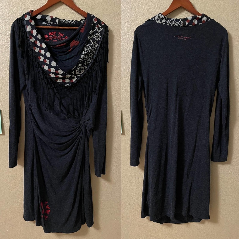 Desigual Black Midi Dress with Patterned Cowl Neck - Picture 2 of 11